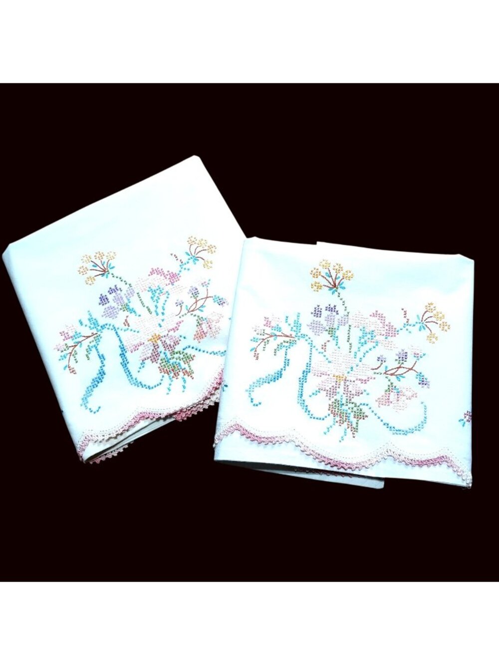 Vintage Hand-Embroidered Pillowcases Floral Cross-Stitch Pink Crochet Trim Set